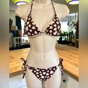 FORPLAY Brown & Pink Hearts Triangle Bikini Swimsuit SMALL NWOT